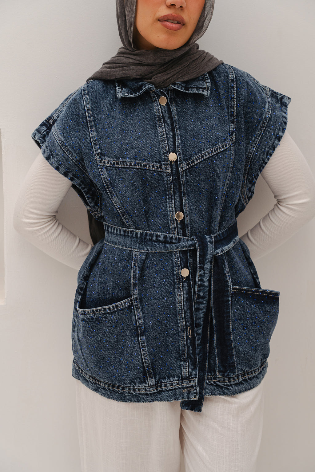 STUDDED Denim Vest in Dark blue