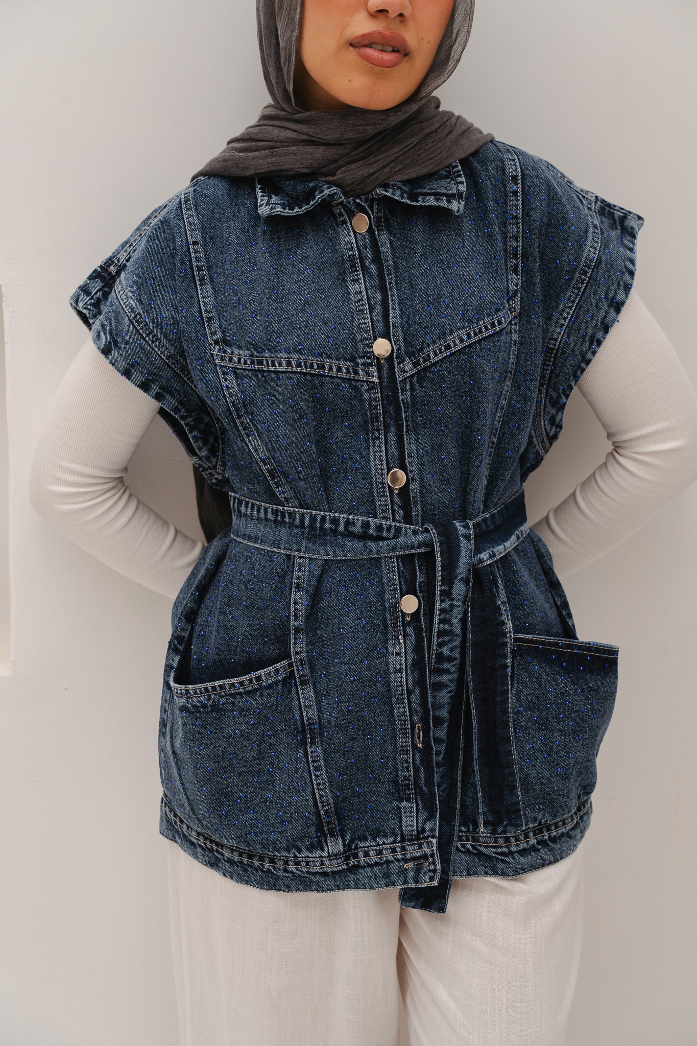 STUDDED Denim Vest in Dark blue