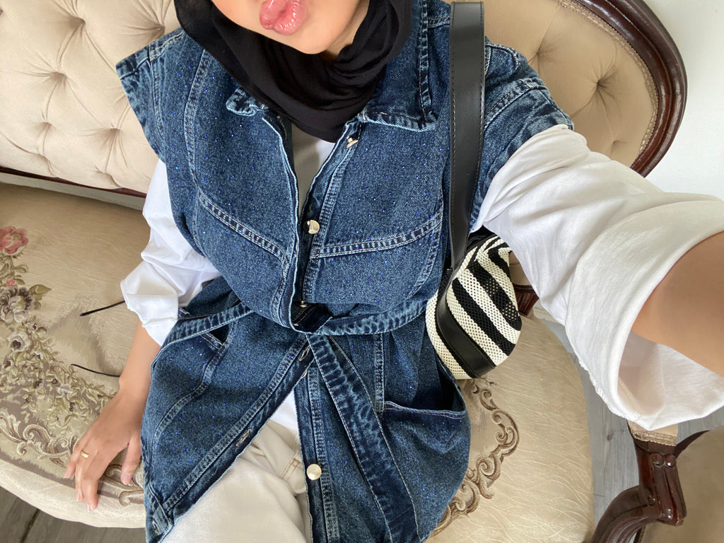 STUDDED Denim Vest in Dark blue
