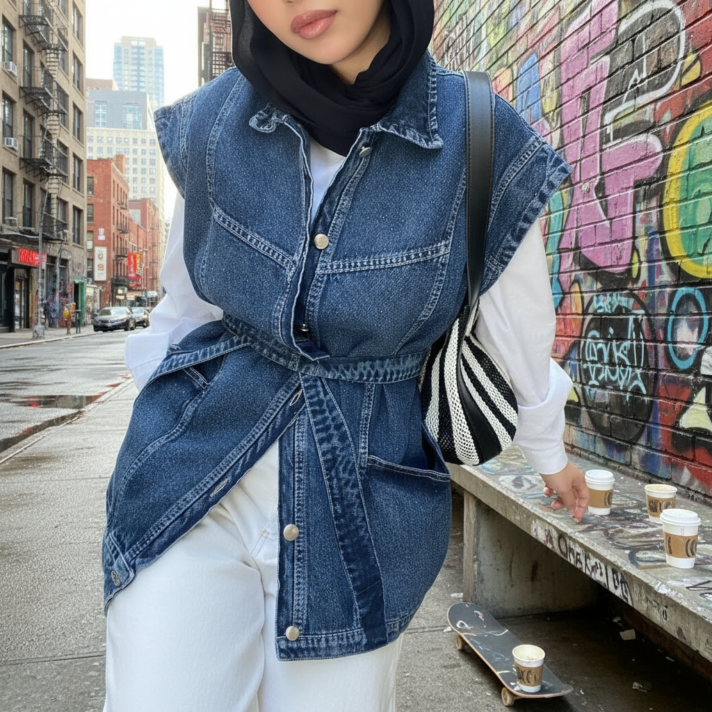STUDDED Denim Vest in Dark blue