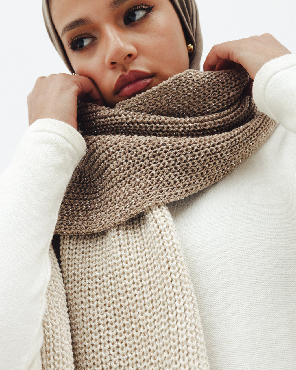Shimmer Blend Knit Scarf in Cafe x Beige