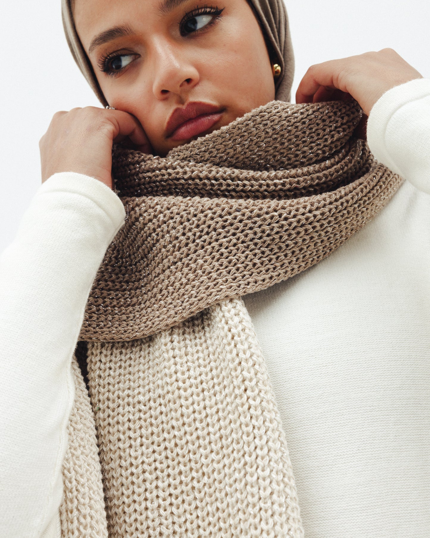 Shimmer Blend Knit Scarf in Cafe x Beige