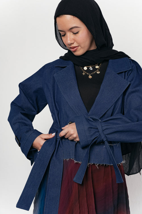 Cropped Trench Coat in Denim