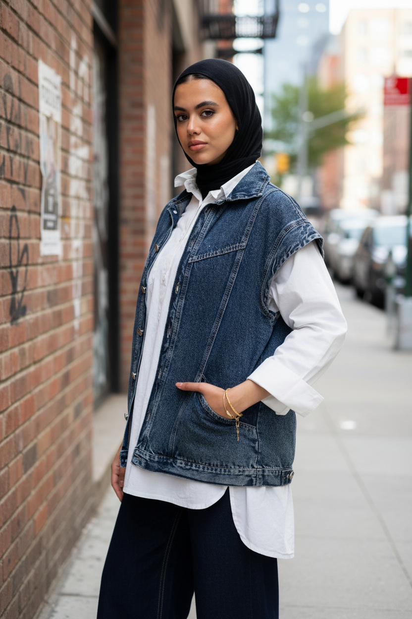 STUDDED Denim Vest in Dark blue