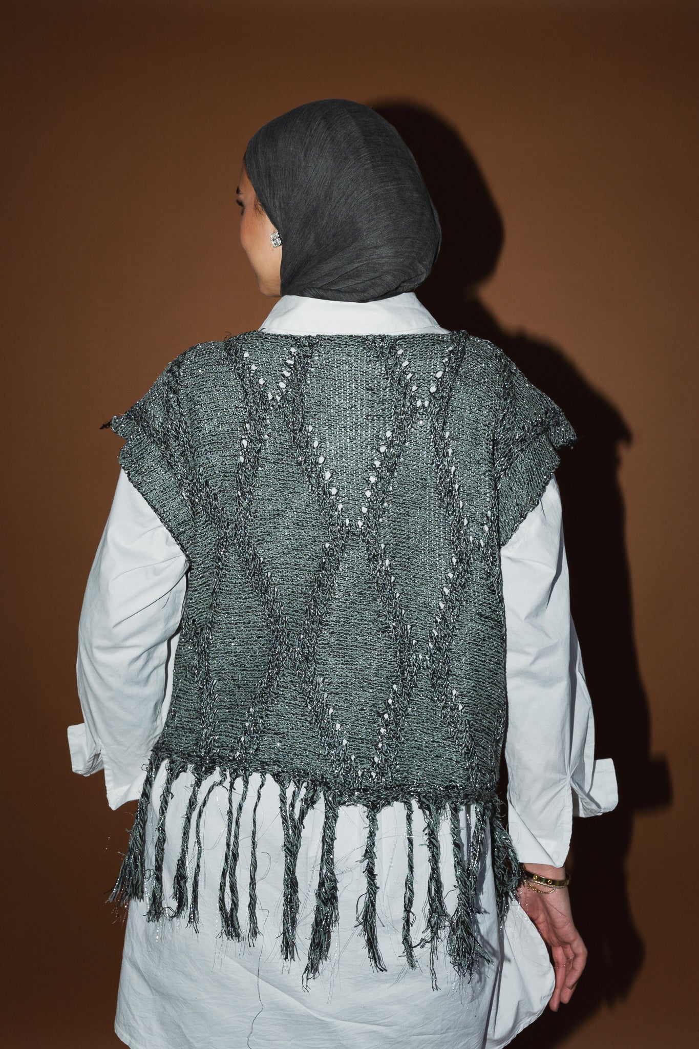 Crystal Mettalic Tassel Vest in Shimmer Olive x Black