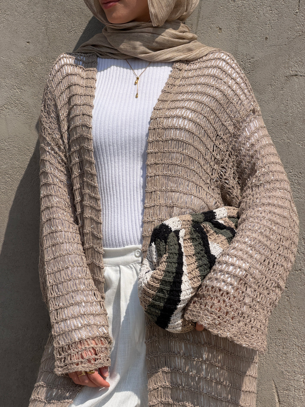 Threads of Charm Cardigan in Shimmer Cafe.
