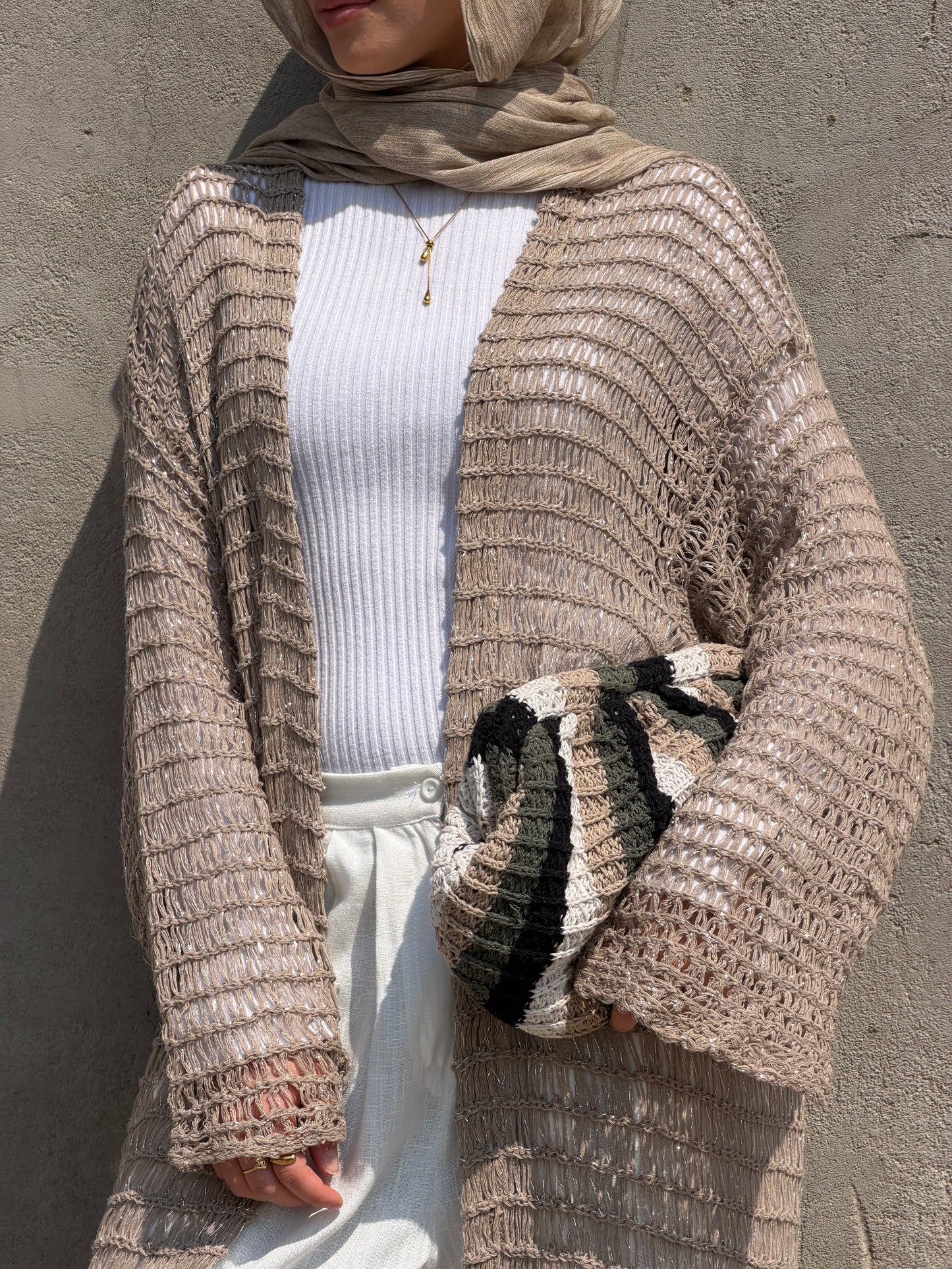 Threads of Charm Cardigan in Shimmer Cafe.