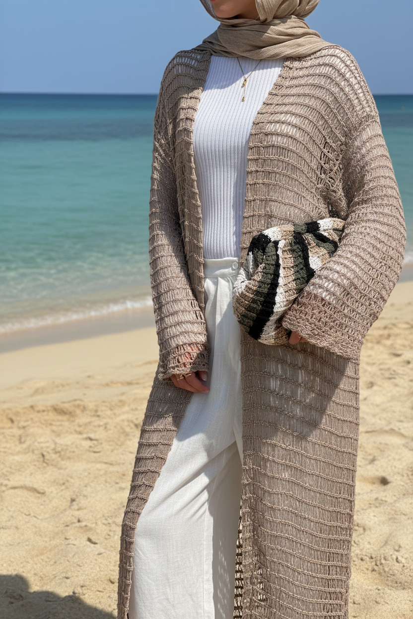 Threads of Charm Cardigan in Shimmer Cafe.