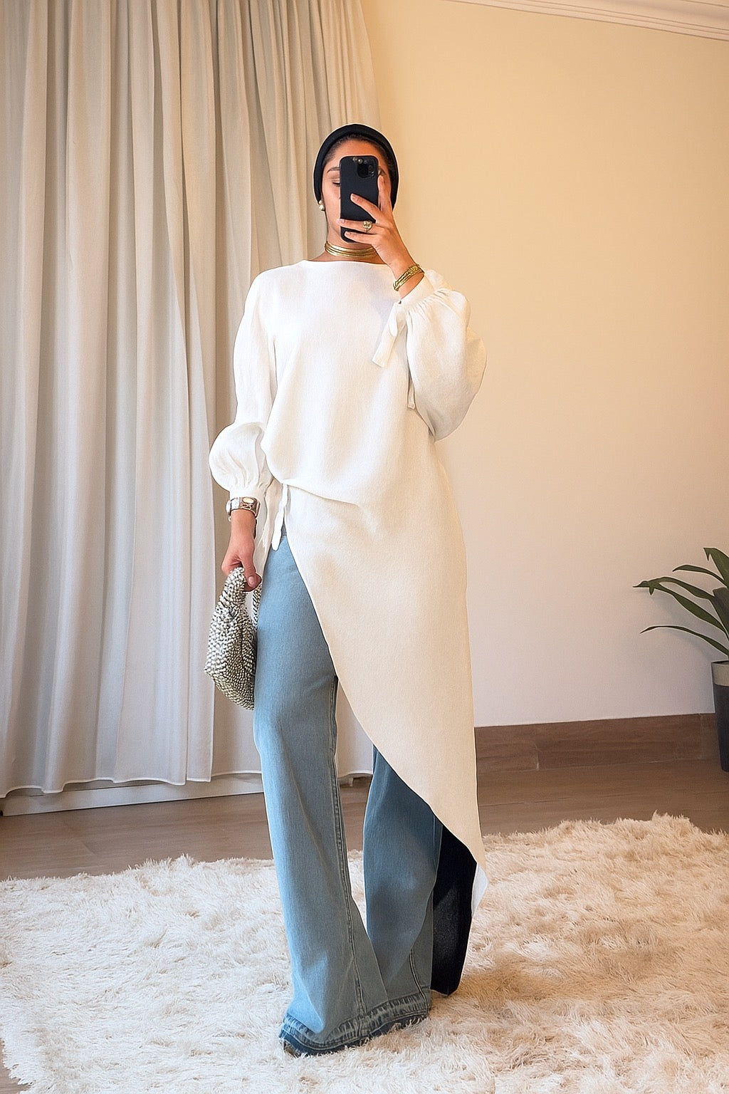 Asymmetrical Shimmer Top in White