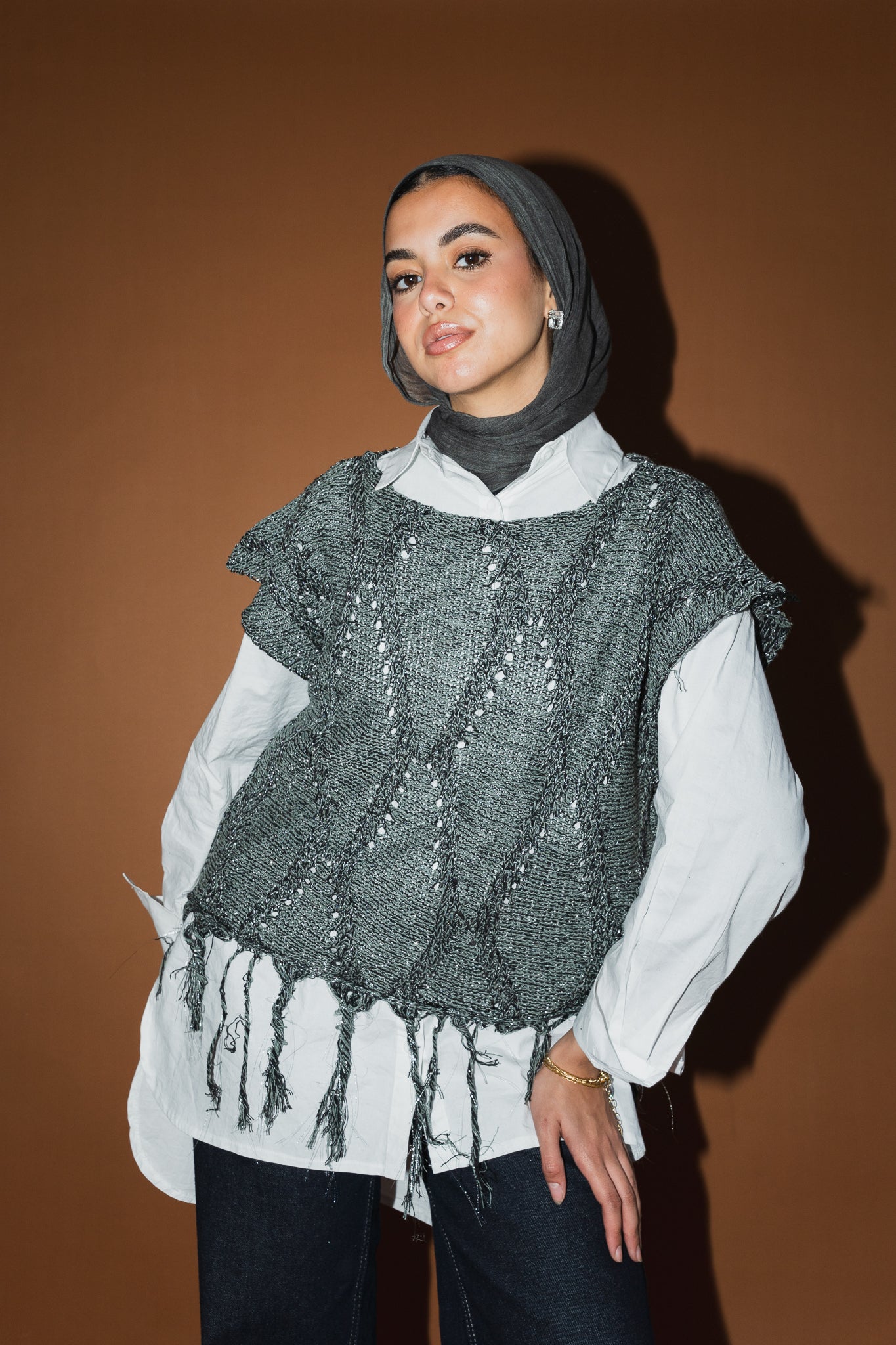 Crystal Mettalic Tassel Vest in Shimmer Olive x Black