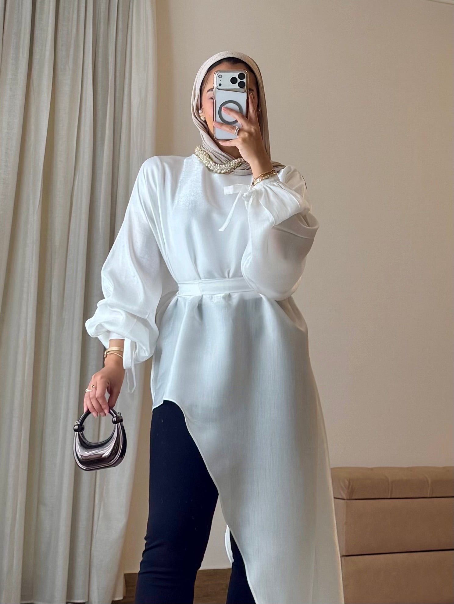 Asymmetrical Shimmer Top in White