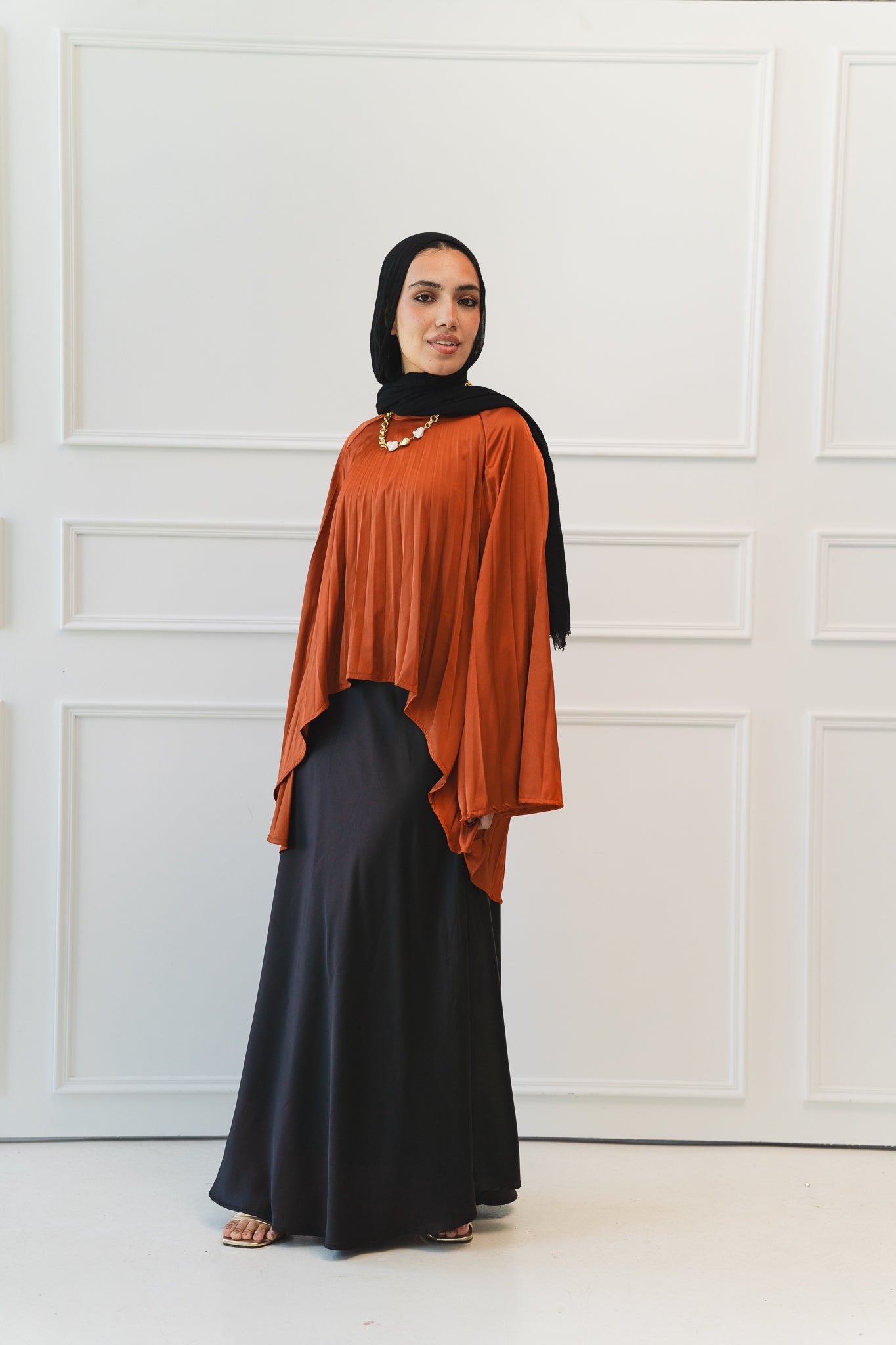 Satin Pleats Top in Brick