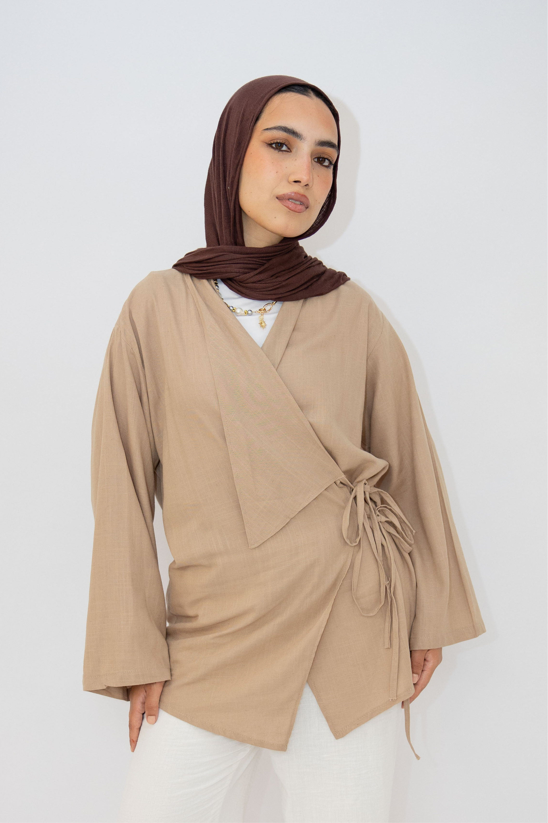 Side Tie Linen Top in Cafe