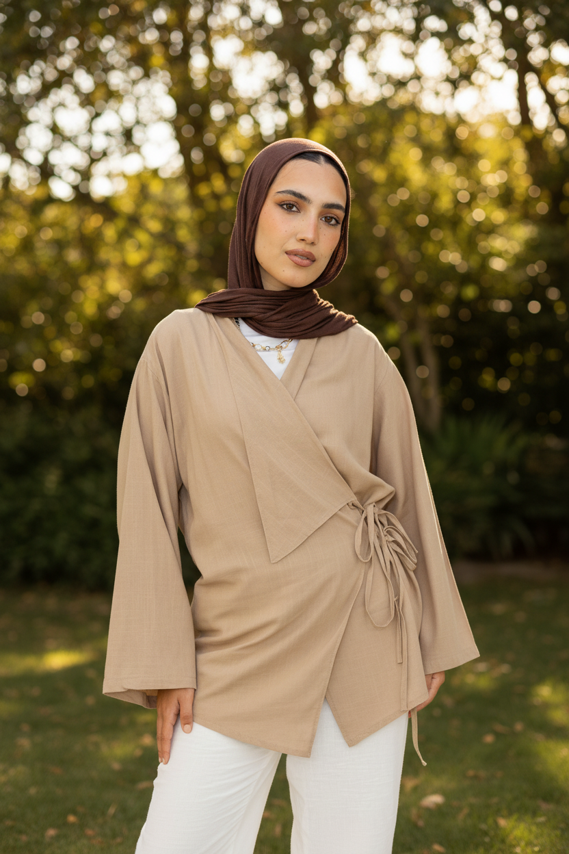 Side Tie Linen Top in Cafe