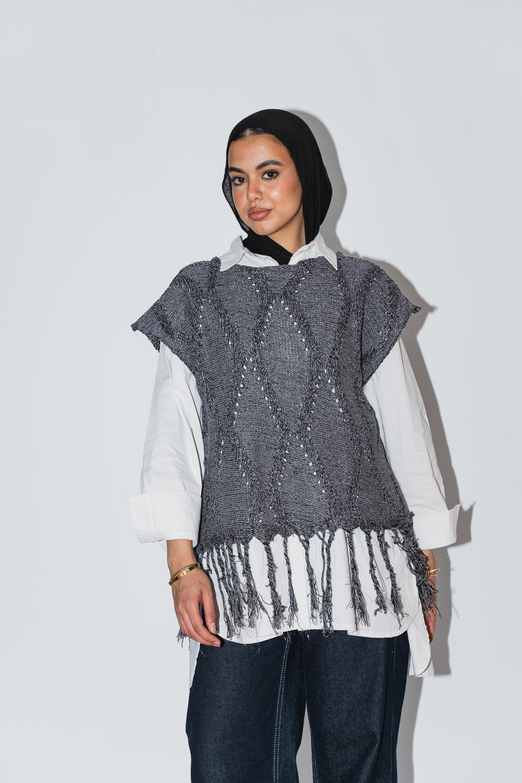 Crystal Mettalic Tassel Vest in Shimmer Dark Grey x Black