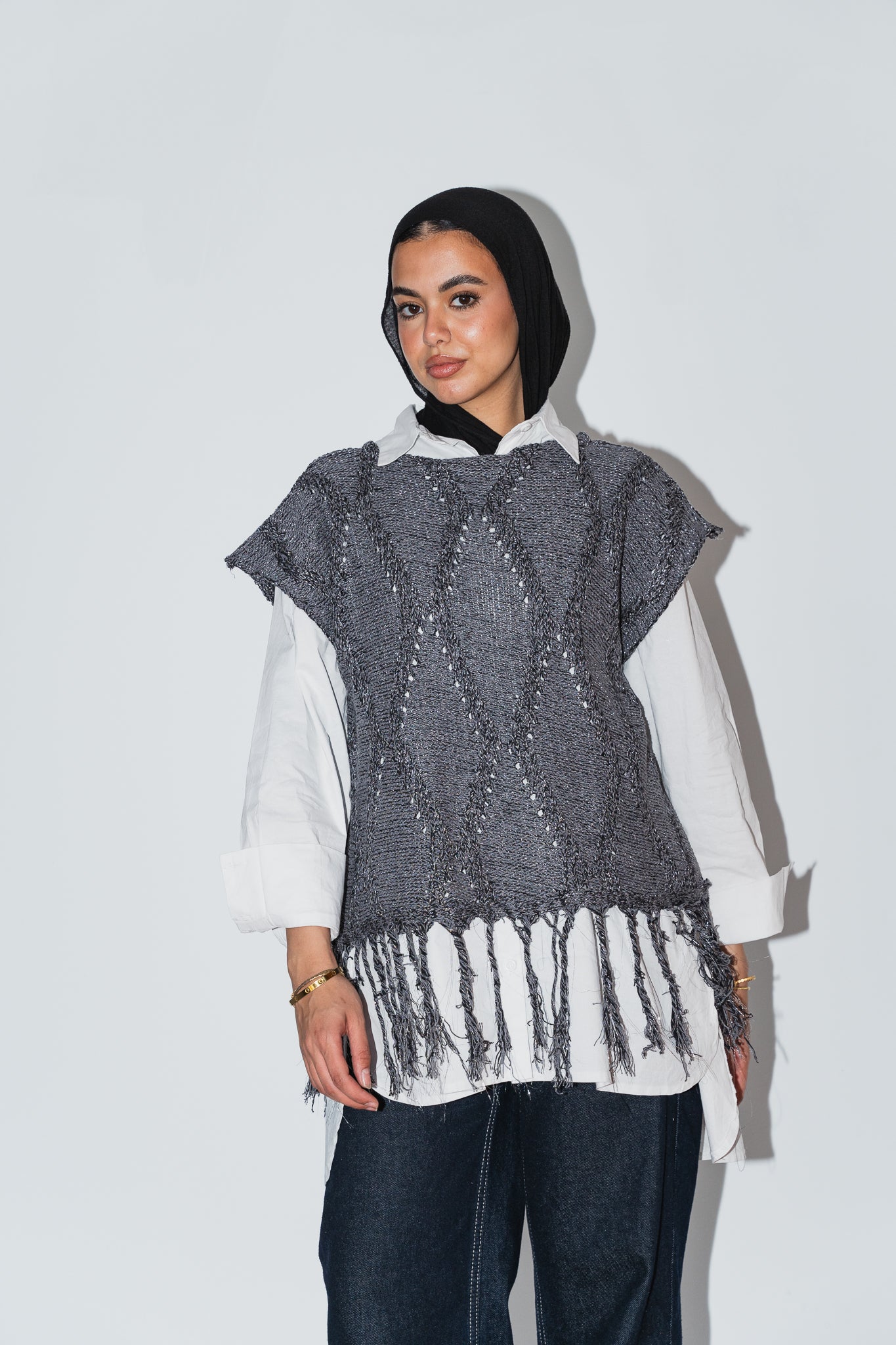 Crystal Mettalic Tassel Vest in Shimmer Dark Grey x Black