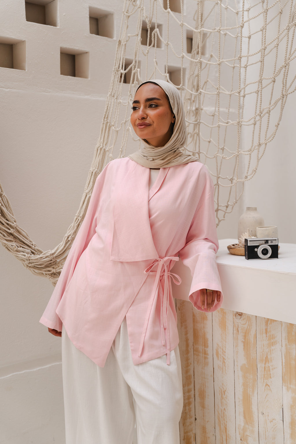 Side Tie Linen Top in Rose