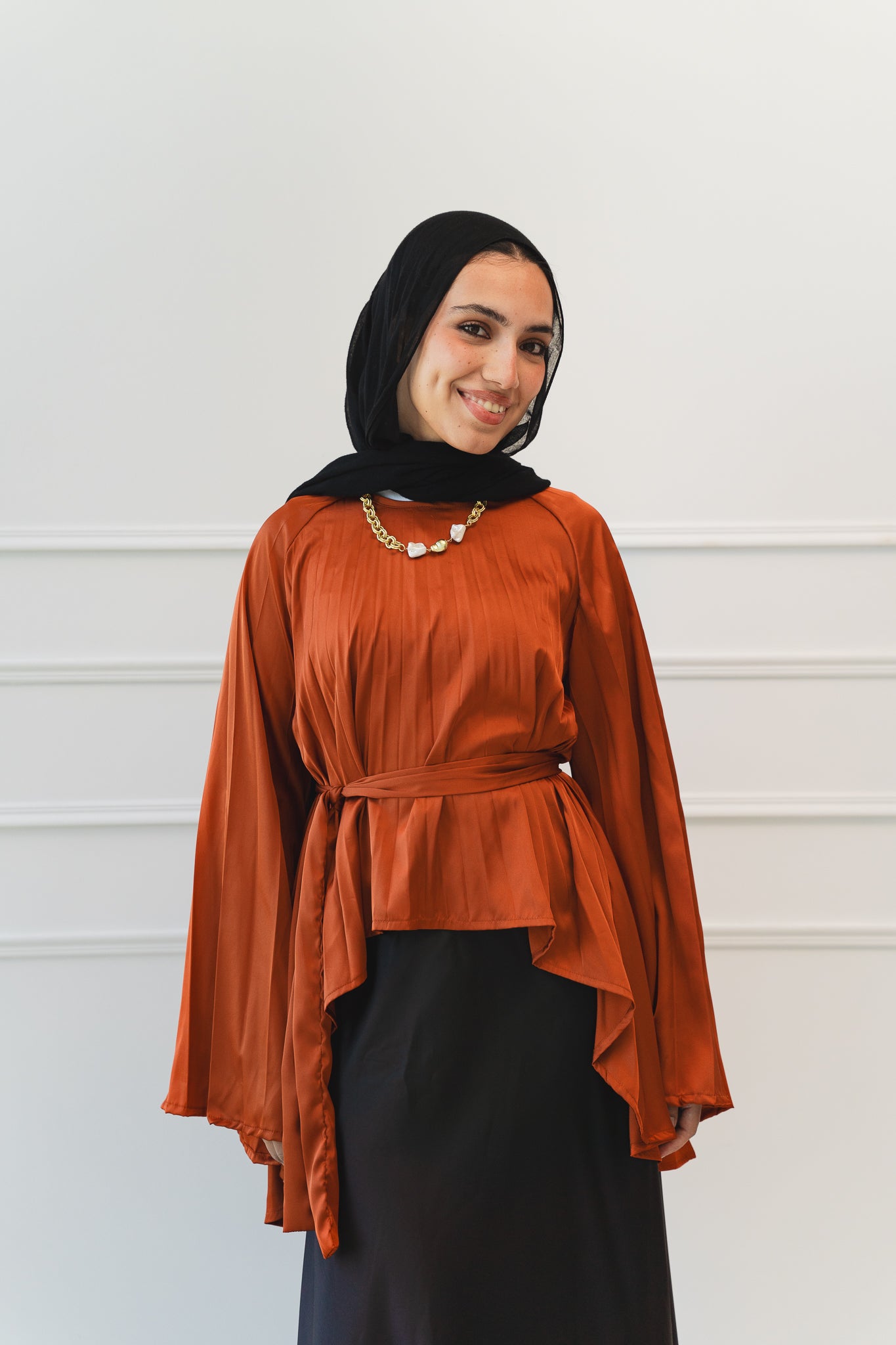 Satin Pleats Top in Brick