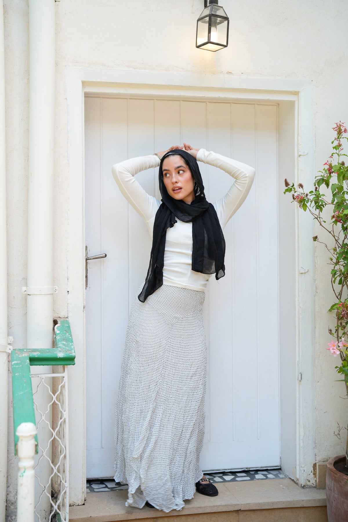 Lilia Crushed Skirt in Dotted Black x White