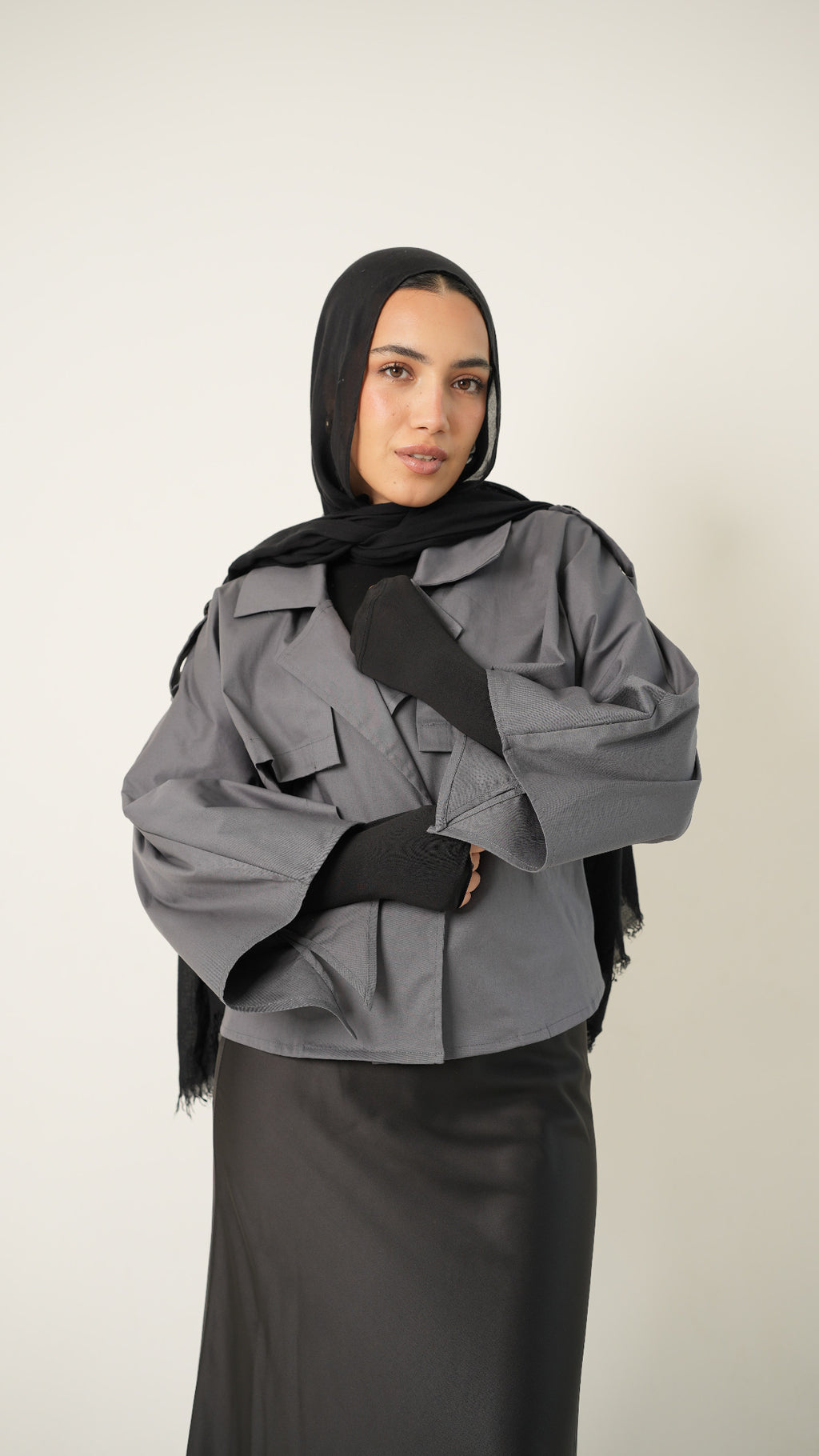 Drape Cropped Trench Coat in Gray