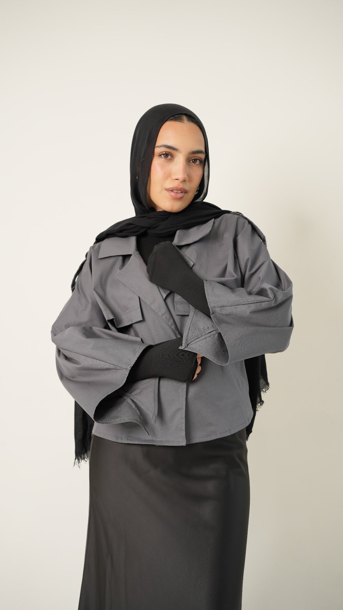 Drape Cropped Trench Coat in Gray