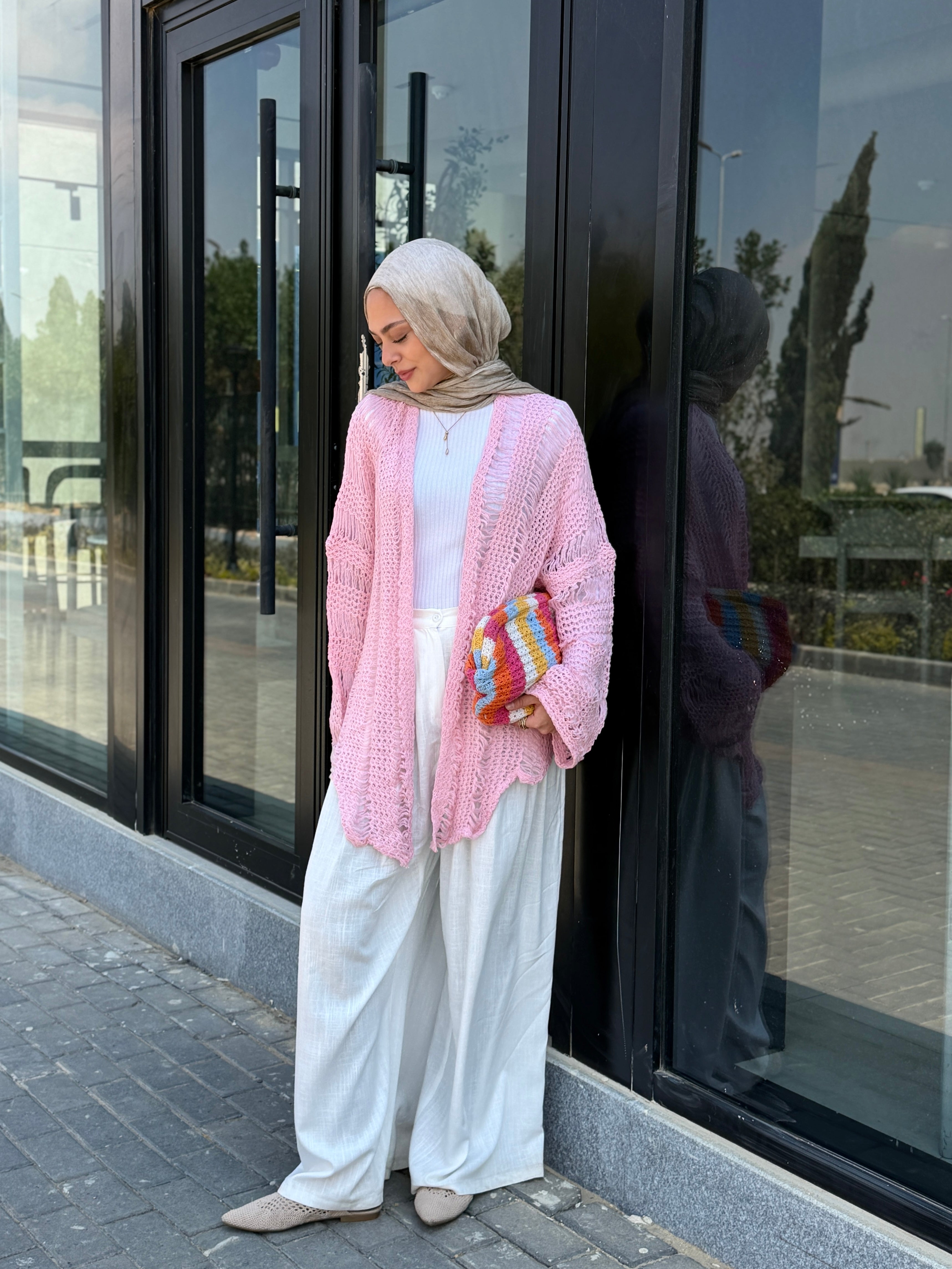 Coastal Crochet Cardigan in Baby Pink