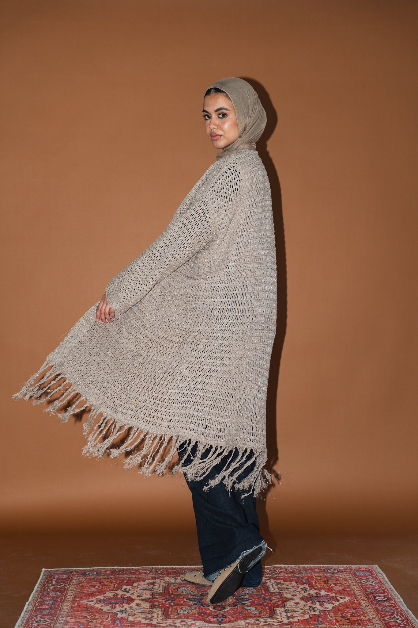 Threads of Charm Cardigan in Shimmer Cafe.