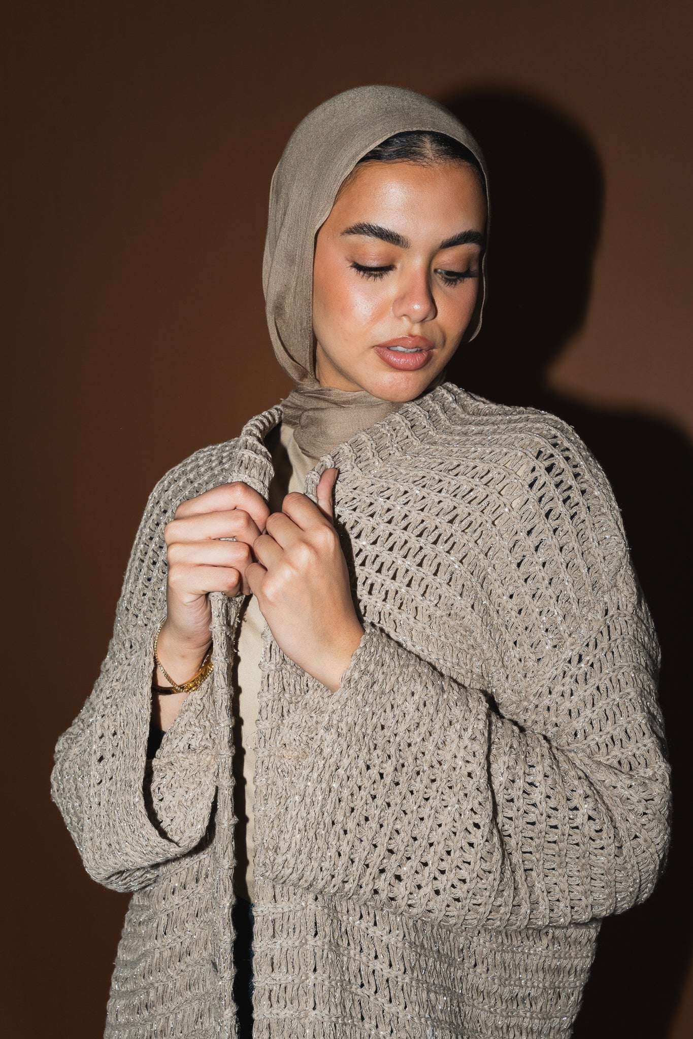 Threads of Charm Cardigan in Shimmer Cafe.