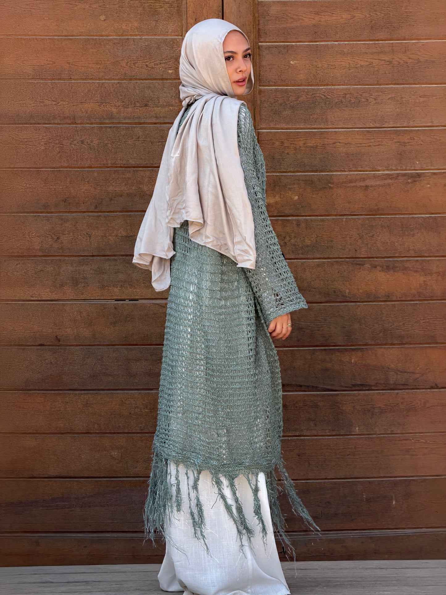 Threads of Charm Cardigan in Shimmer Mint.