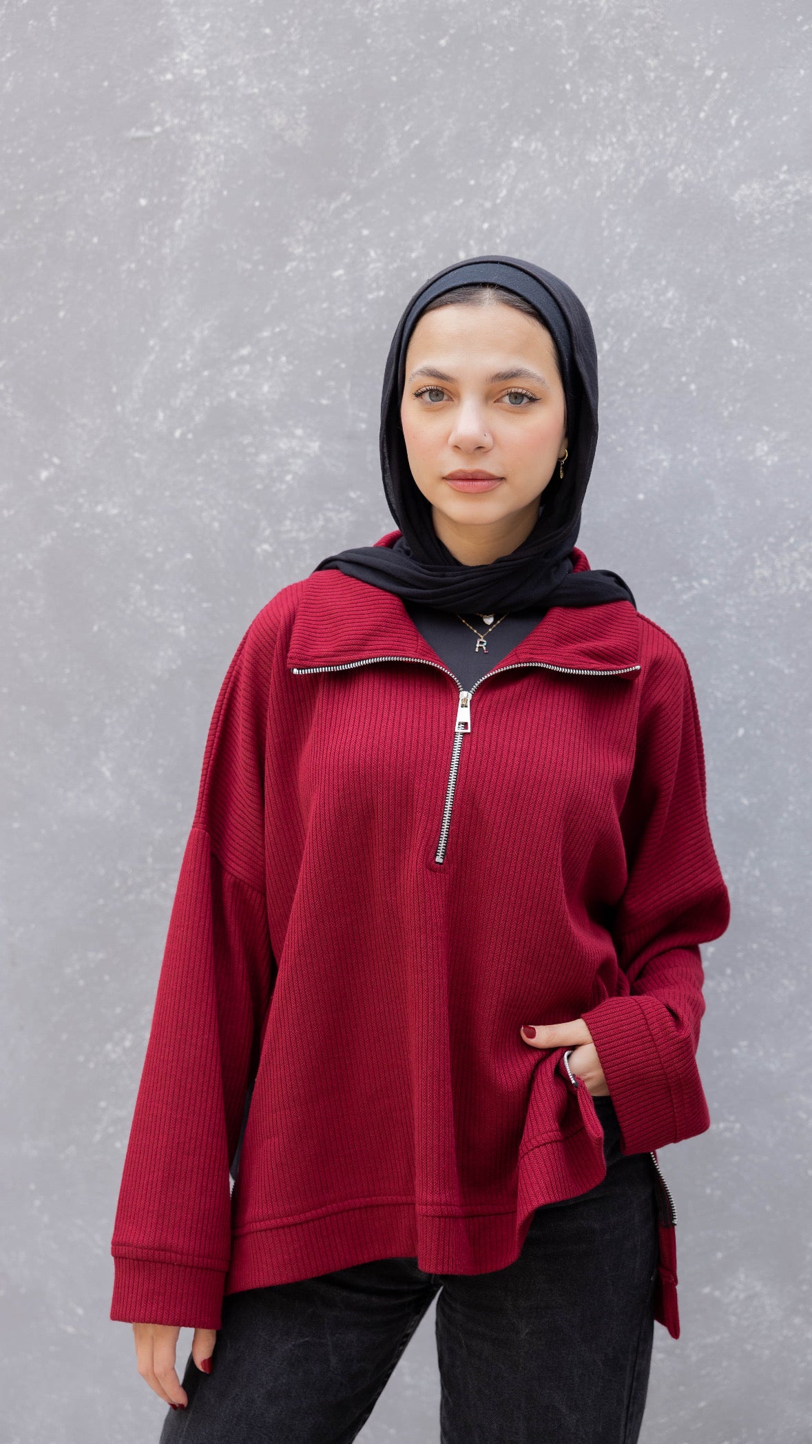 Zip-Up Sweater in Burgundy