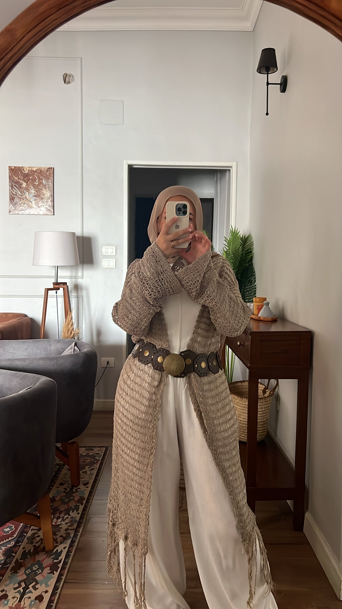 Threads of Charm Cardigan in Shimmer Cafe.