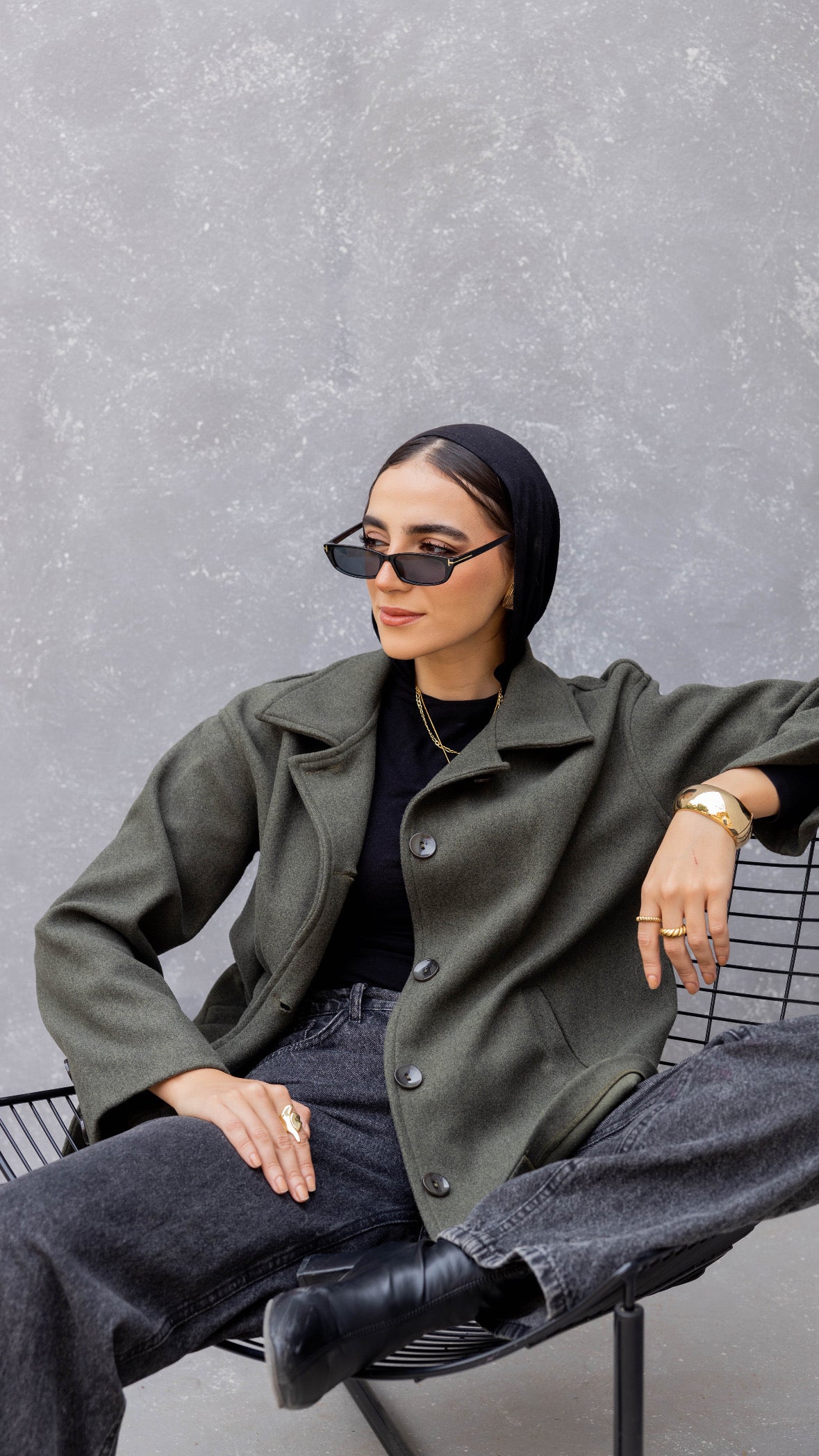 Short Felt Texture Coat in Olive