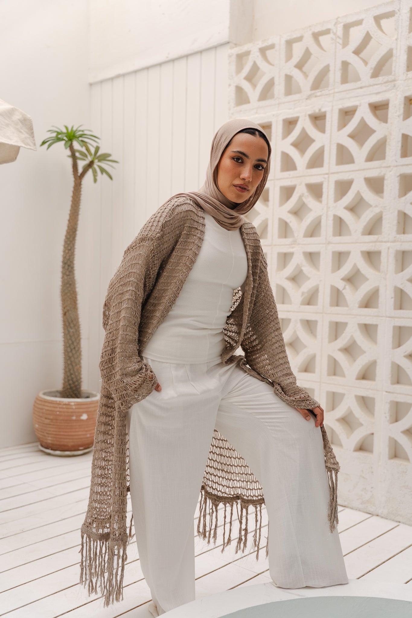 Threads of Charm Cardigan in Shimmer Cafe.
