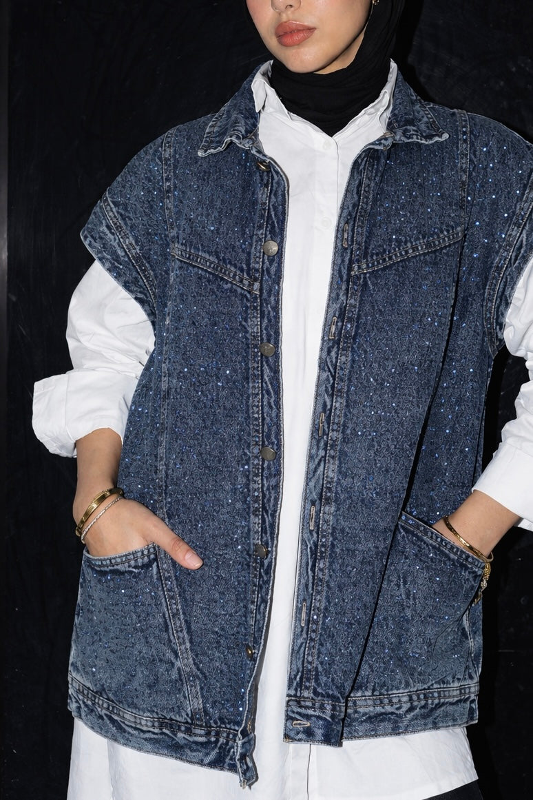 STUDDED Denim Vest in Dark blue