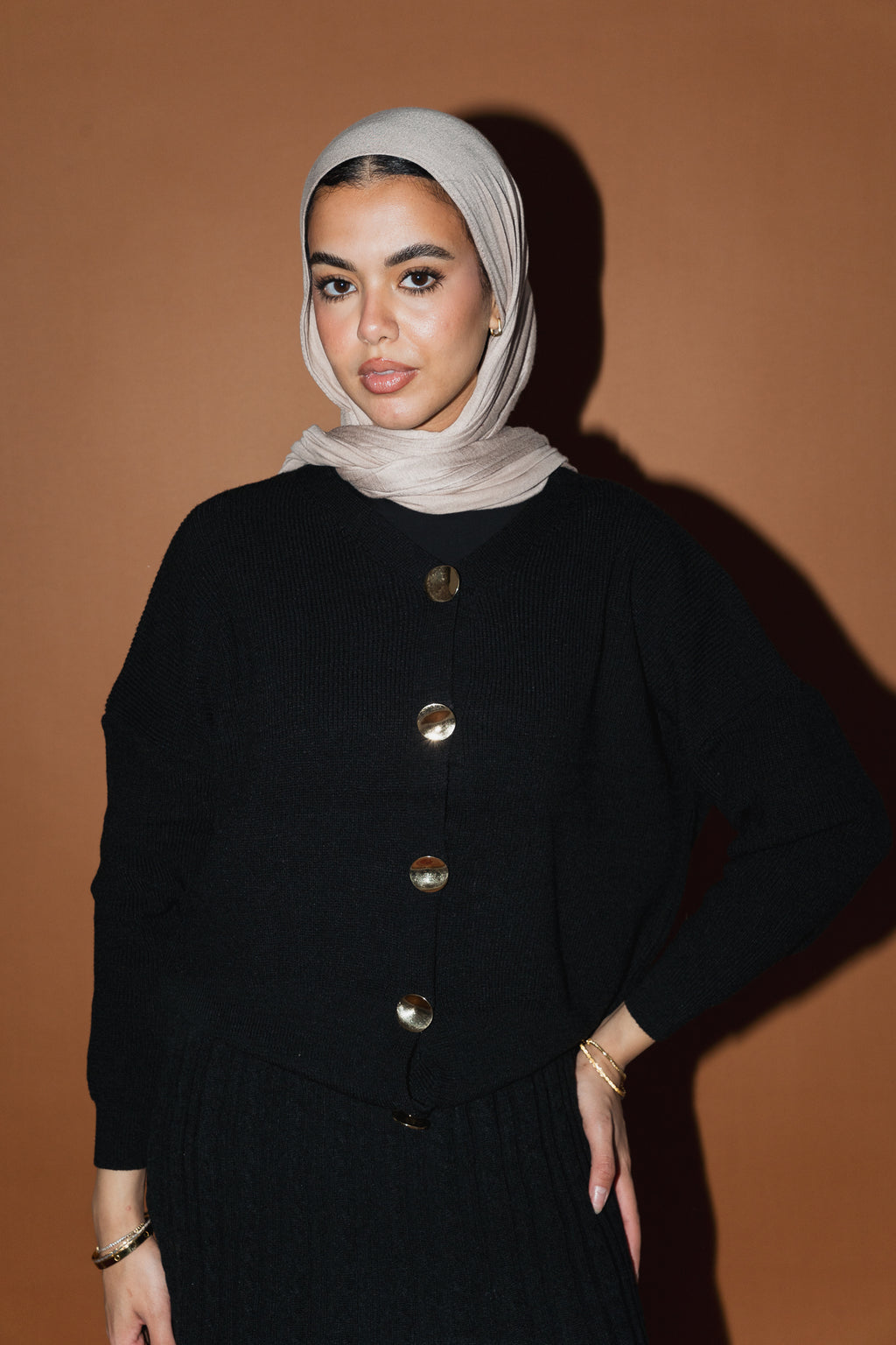 Gold Buttons Knit Crop Cardigan in Black