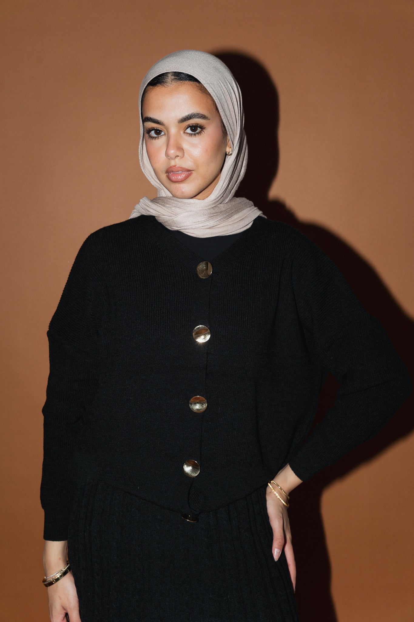 Gold Buttons Knit Crop Cardigan in Black