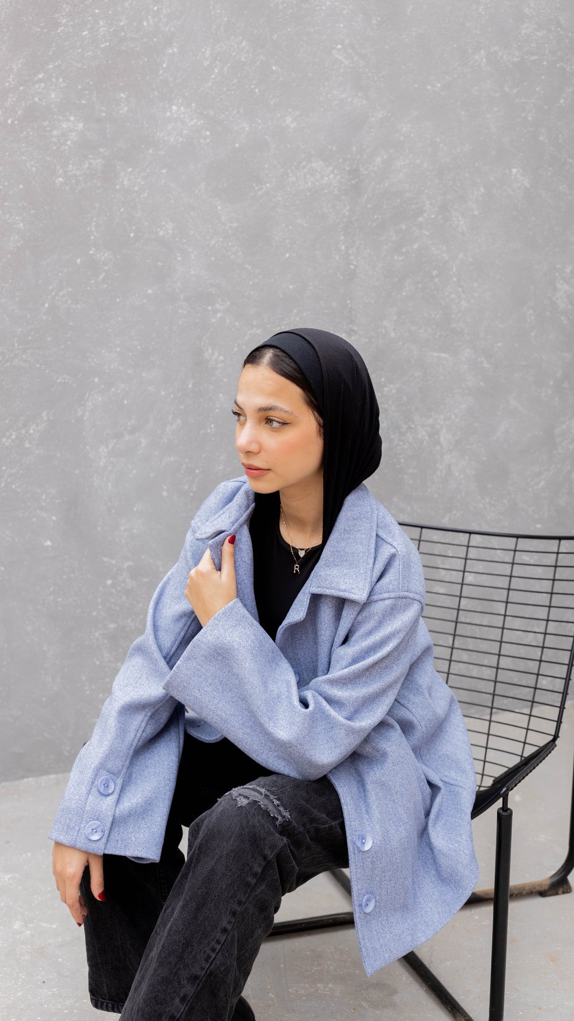 Short Felt Texture Coat in Denim Blue