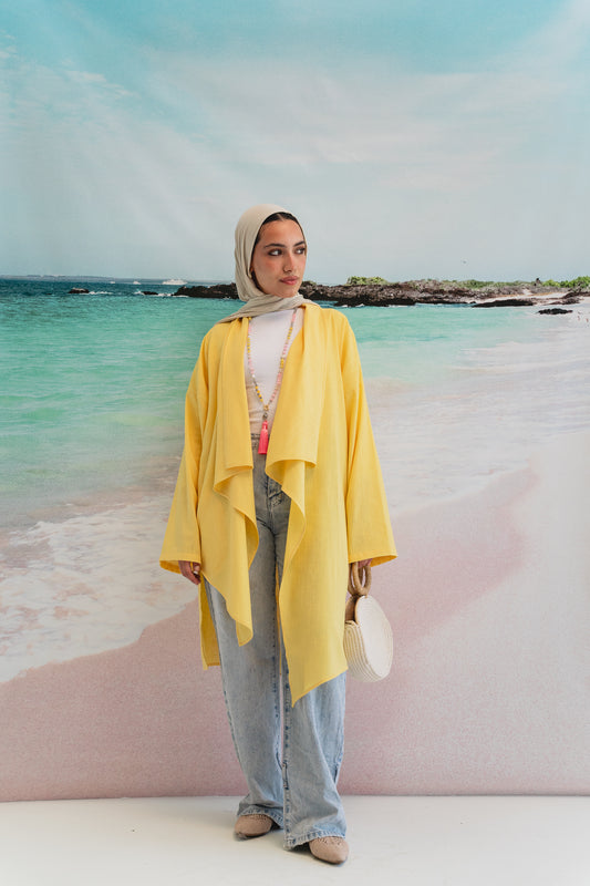 Asymmetrical Linen Petal kimono in Yellow