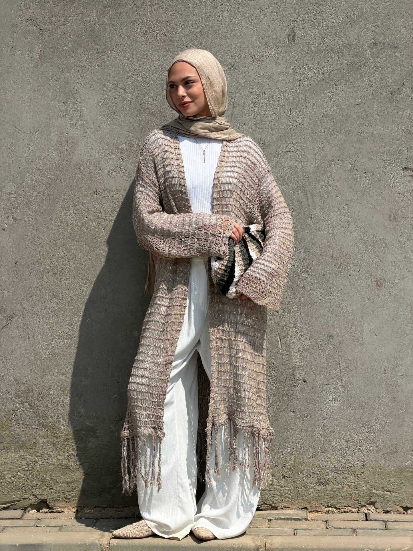 Threads of Charm Cardigan in Shimmer Cafe.