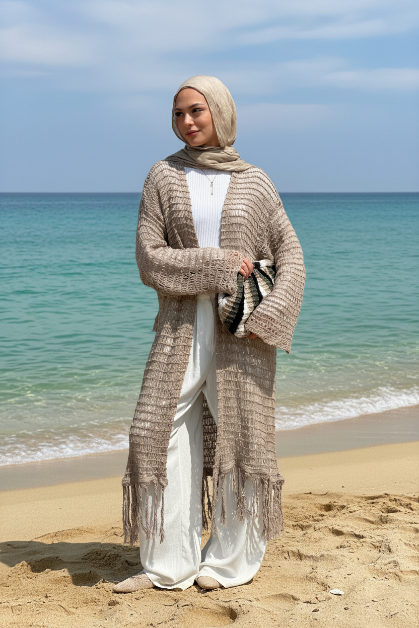 Threads of Charm Cardigan in Shimmer Cafe.
