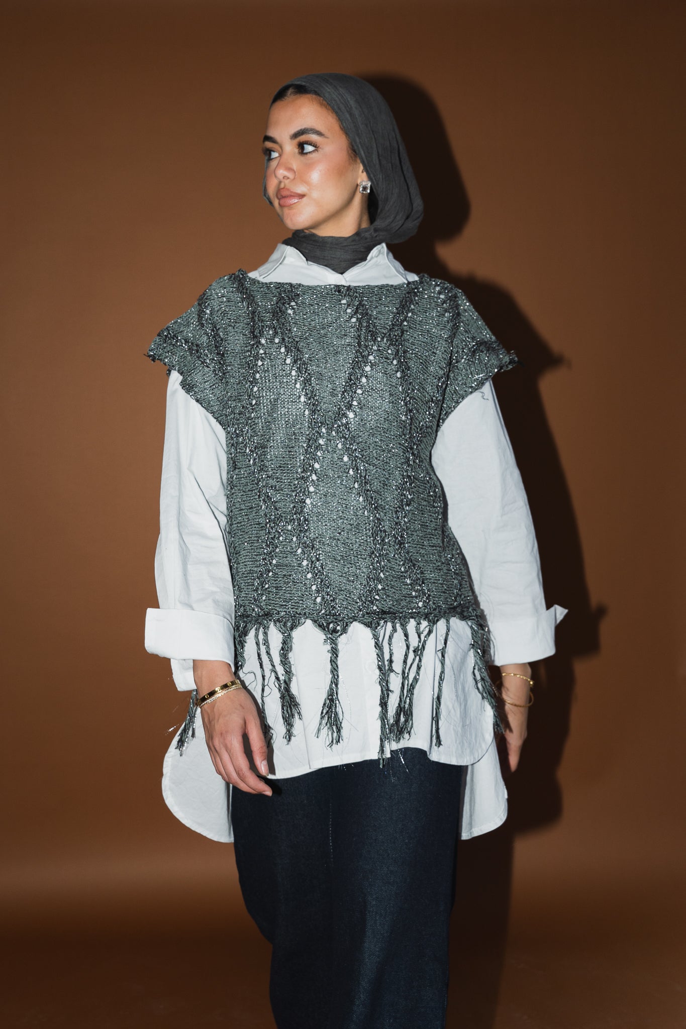 Crystal Mettalic Tassel Vest in Shimmer Olive x Black