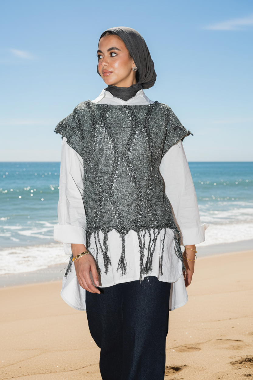 Crystal Mettalic Tassel Vest in Shimmer Olive x Black
