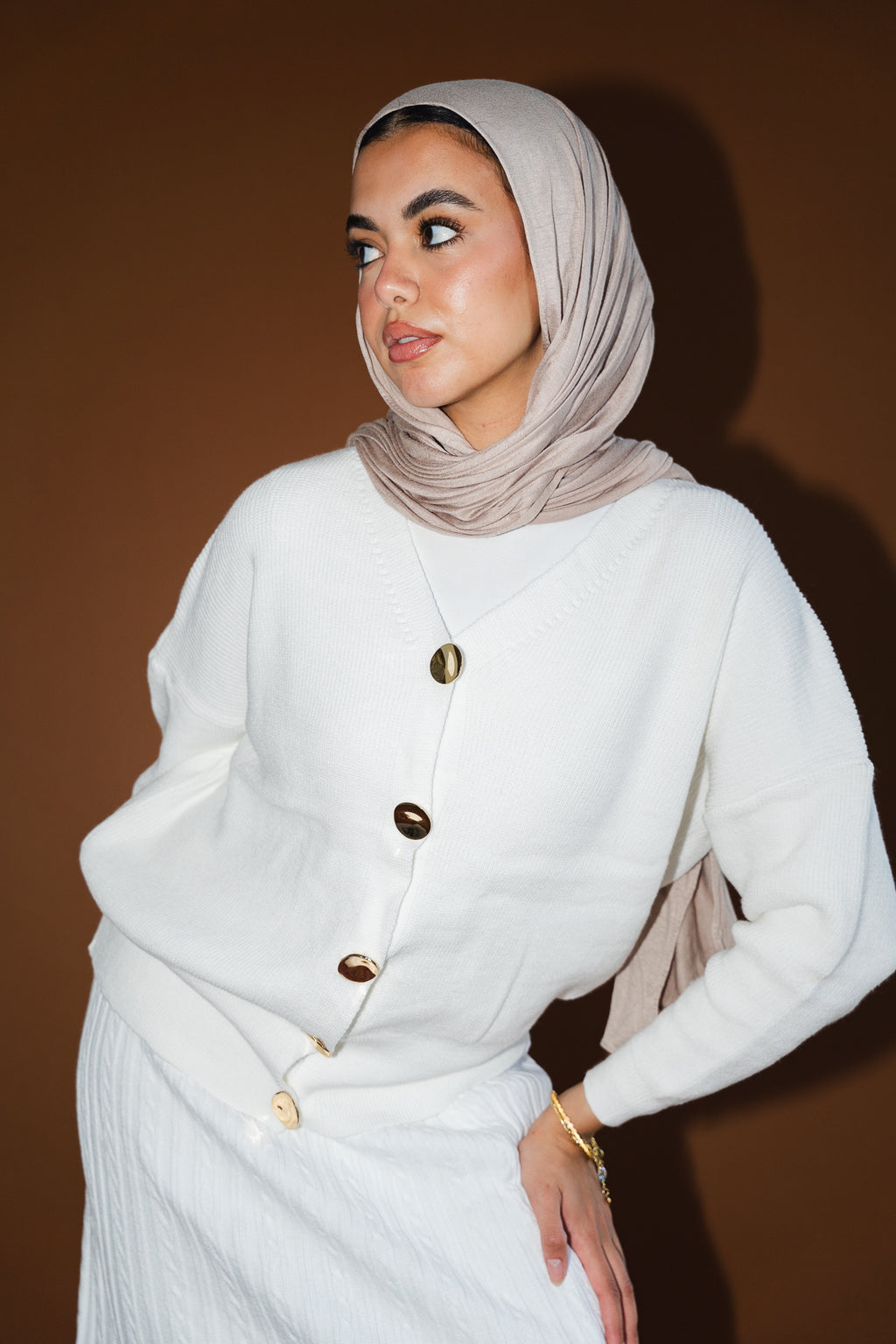 Gold Buttons Knit Crop Cardigan in White