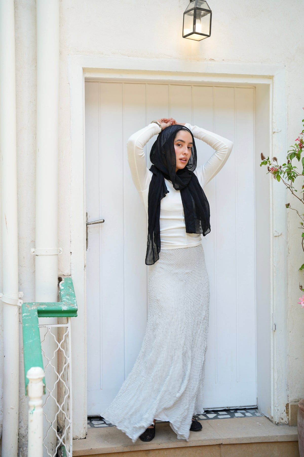 Lilia Crushed Skirt in Dotted Black x White