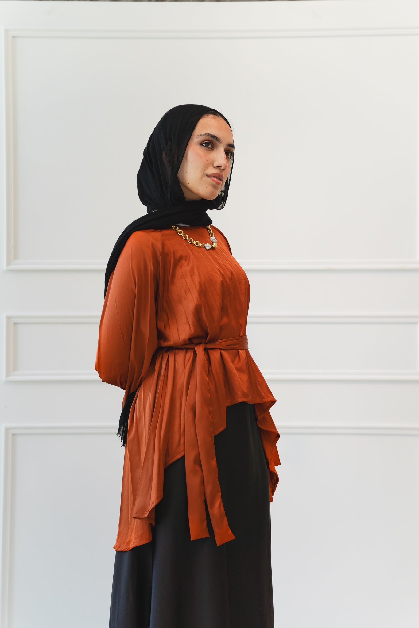 Satin Pleats Top in Brick