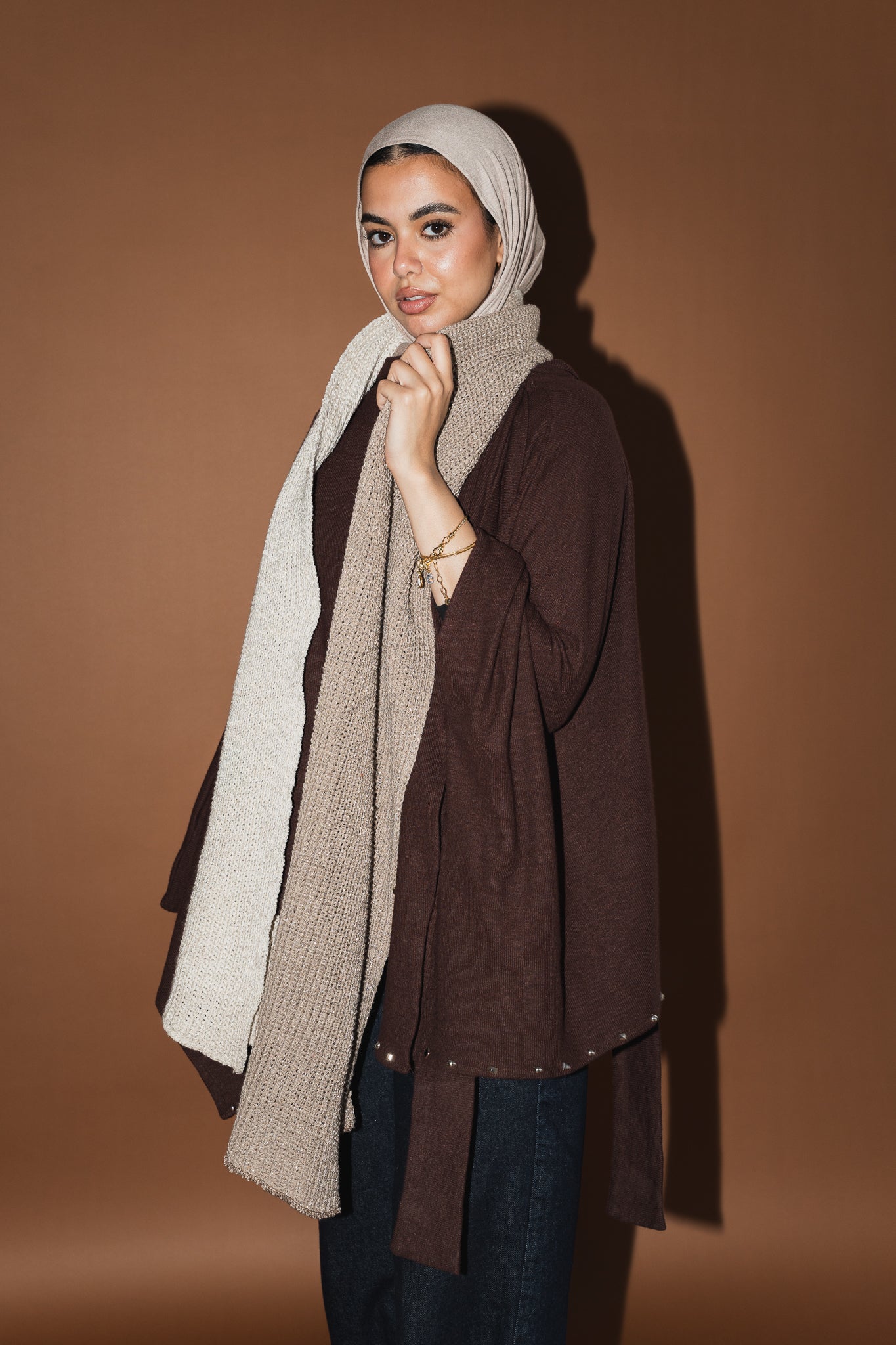 Shimmer Blend Knit Scarf in Cafe x Beige