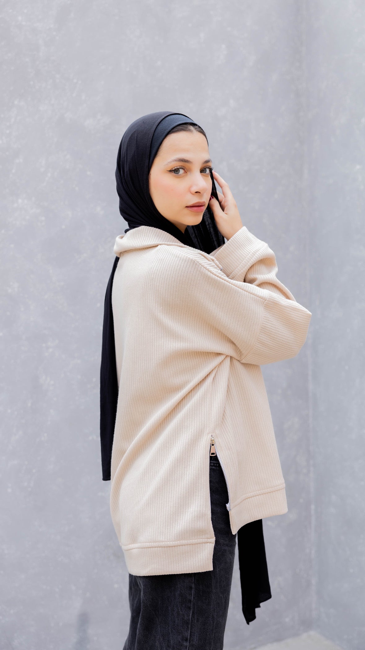 Zip-Up Sweater in Beige