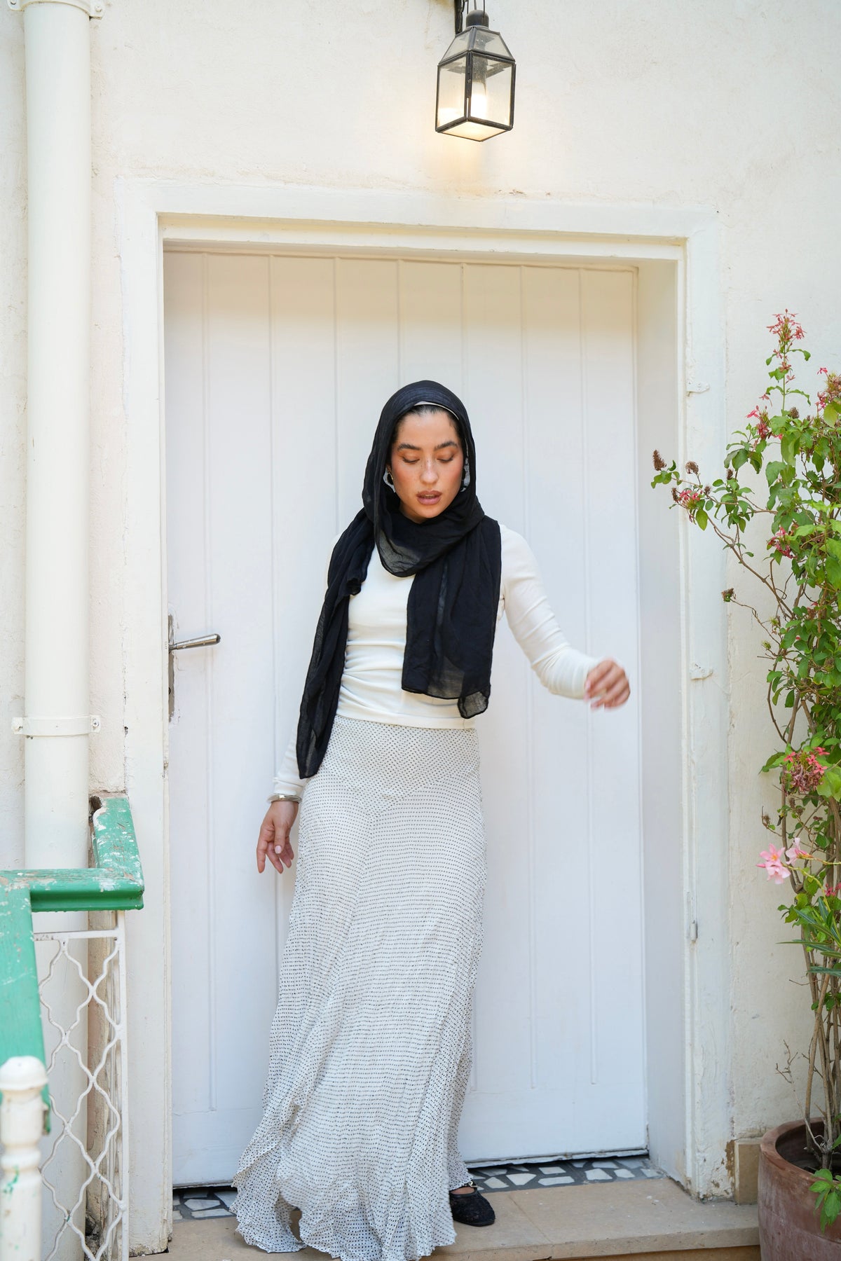 Lilia Crushed Skirt in Dotted Black x White