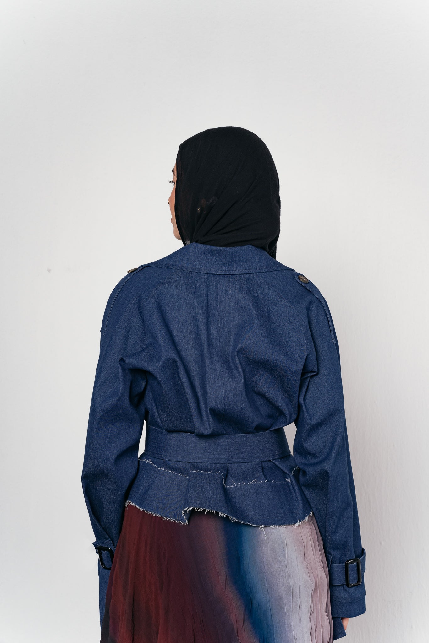 Cropped Trench Coat in Denim