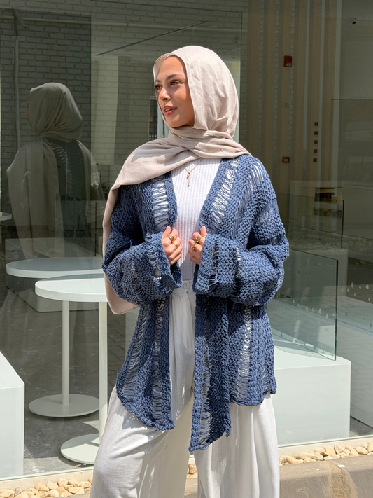 Coastal Crochet Cardigan in Blue (LONG)